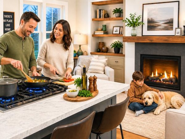 Family cooking on a propane range with a fireplace lit and child with dog nearby