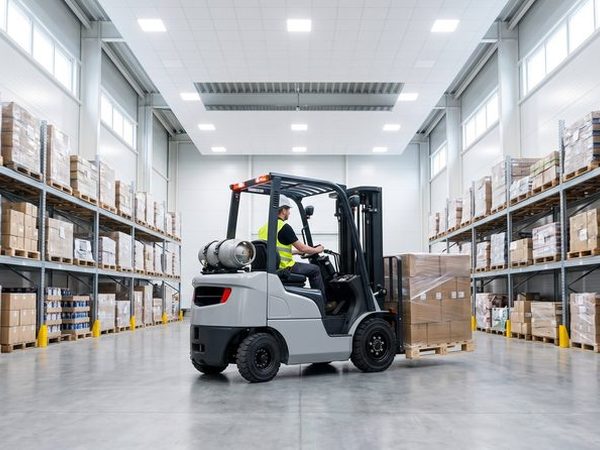 Operator driving a propane-powered forklift in a warehouse aisle