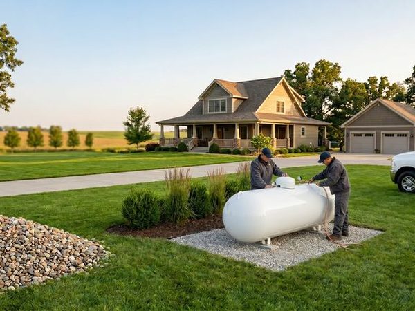 Two technicians installing an aboveground propane tank beside a farmhouse with a service truck nearby